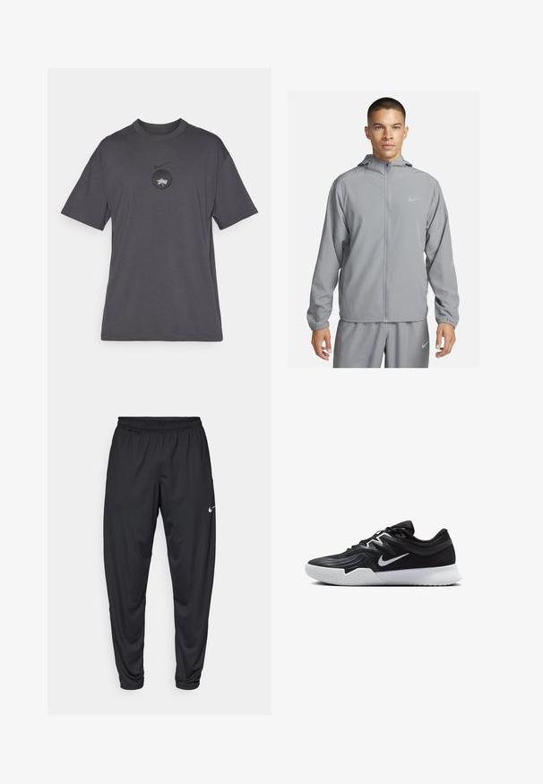 Casaco corta-vento cinza claro com capuz, fecho de correr frontal completo, punhos elásticos e um pequeno logótipo no peito. Material liso e resistente à água.; T-shirt cinza de manga curta feita de algodão. Apresenta um logotipo redondo preto no peito com um design gráfico em branco. Corte regular e decote redondo.; Calças de atletismo pretas com um cós elástico, pernas afuniladas e um pequeno logo branco da Nike na coxa esquerda. Tecido liso, sem padrões.; Sapatilha atlética preta com um cabedal texturizado, swoosh branco da Nike e uma sola de borracha branca. Apresenta um design com atacadores e uma forma dinâmica.