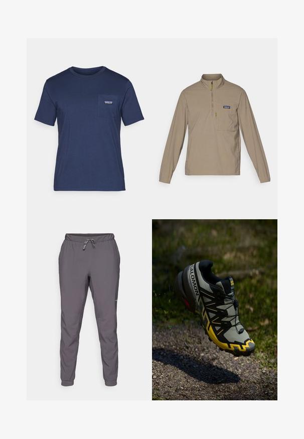 Béžový pulóver s dlhým rukávom a polovičným zipsom, prednou vreckom a zelenou sťahovacou šnúrou. Ľahká tkanina s hladkou textúrou.; Námornícke modré bavlnené tričko s krátkymi rukávmi, okrúhlym výstrihom a náprsné vrecko s malou nášivkou loga. Mäkká textúra, klasický strih.; Sivé, ľahké nohavice s elastickým pásom a nastaviteľnou šnúrkou; zúžené nohavice; hladká textúra; obsahuje logo detail na boku.; Trailová bežecká obuv Salomon v tlmenej sivej farbe s jasne žltými akcentmi. Obsahuje textúrovanú podrážku, bezpečný systém šnurovania a polstrovaný golier.