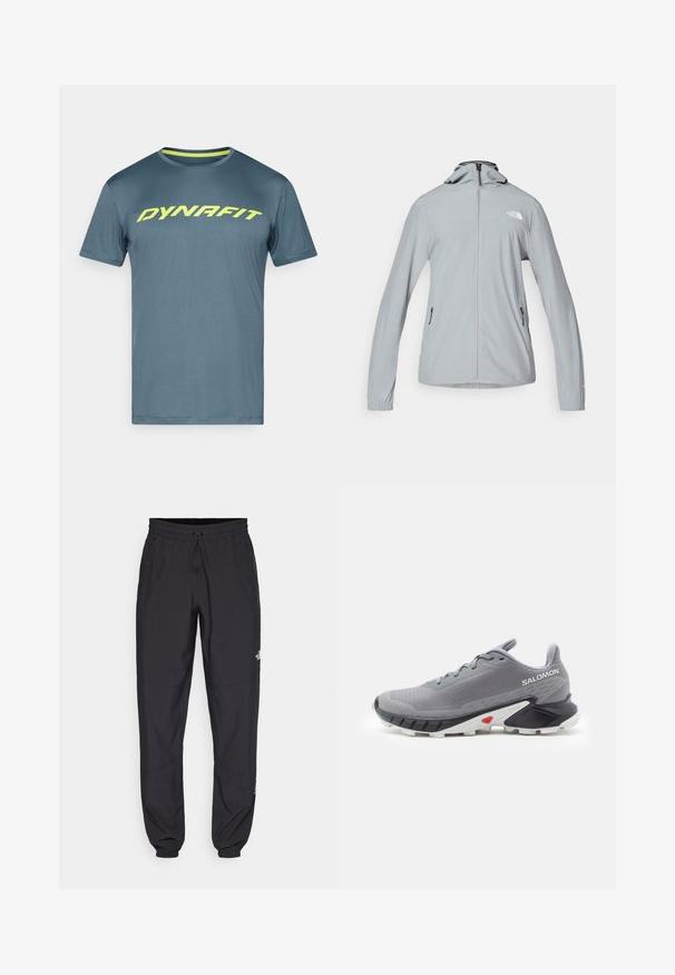 The North Face MOUNTAIN ATHLETICS HOODED JACKET - Vetrovka - monument grey; Modrá športová košeľa s krátkym rukávom a neonovo žltým logom "DYNAFIT" na hrudi, klasický výstrih a kontrastný žltý lem na vnútornej strane goliera.; Čierne športové nohavice vyrobené z ľahkej tkaniny, s elastickým pásom na šnurovanie, bočnými vreckami a zúženými manžetami na členkoch.; Šedé bežecké topánky s textúrovaným sieťovinovým vrchom, čierno-bielou gumovou podrážkou a červeným akcentom pri päte. Obsahujú šnúrky a majú podporný dizajn.