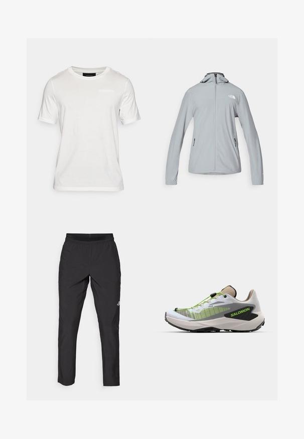 The North Face MOUNTAIN ATHLETICS HOODED JACKET - Vetrovka - monument grey; Bela kratka majica z kratkimi rokavi, izdelana iz mehke tkanine. Ima okroglo izrezana in diskreten logotip na sprednji strani.; Črne športne hlače z elastičnim pasom, izdelane iz lahkega materiala, s majhnim logotipom na spodnjem delu noge in ravnim krojem.; Salomon GENESIS - Trail tekaški čevlji - white/oxford tan/green gecko