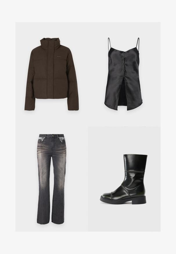 Hnedá nafukovacia bunda s vysokým golierom, predným zipsom a horizontálnymi prešívaniami. Vyrobená z mäkkej, textúrovanej látky s decentným označením značky.; Čierna saténová cami s tenkými ramienkami, so zapínaním na gombíky vpredu a rozdeleným lemom pre dodatočný detail. Hladká textúra a minimalistický dizajn.; Čierne denimové džiny so strihom rovného nohu, s čipkovým detailom na vreckách a jemným vyblednutím. Kvalitné kovové gombíky a nitky sú súčasťou hardvéru.; Čierne kožené členkové topánky s okrúhlym špičkou, hladkým povrchom, kontrastným prešívaním a blokovým podpätkom, s mierne zúženým silueta.