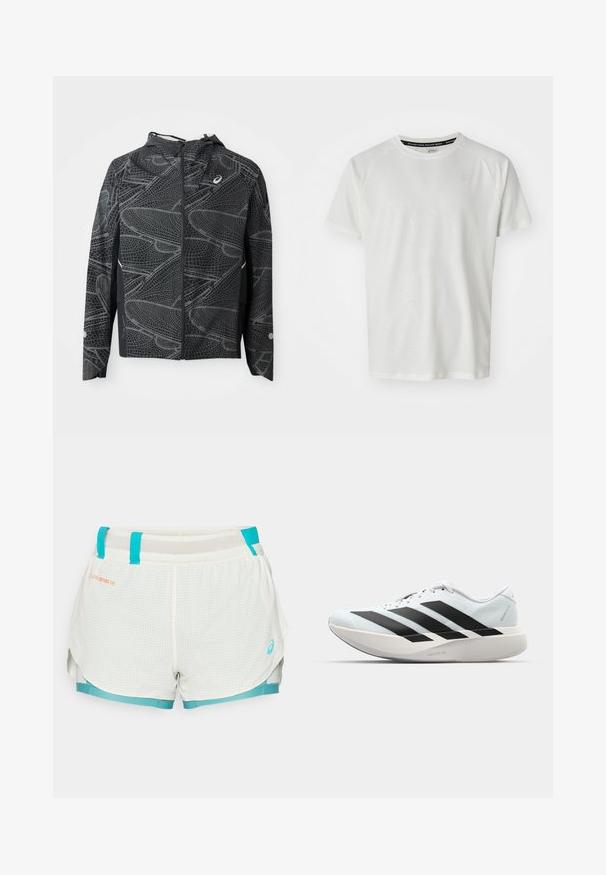 Giacca nera leggera con una silhouette corta, caratterizzata da un motivo grafico bianco testurizzato e un cappuccio. Include una chiusura con zip e tasche laterali.; ASICS GAME - T-shirt basic - cream; Shorts leggeri foderati in mesh di colore bianco con accenti turchesi. Presentano un motivo a griglia, vita con cordoncino e spacchi laterali per facilitare i movimenti.; Scarpe da corsa leggere di colore azzurro pallido con strisce nere. Presentano una tomaia liscia, punta rotonda e un'ampia intersuola bianca etichettata "LIGHTSTRIKE PRO."