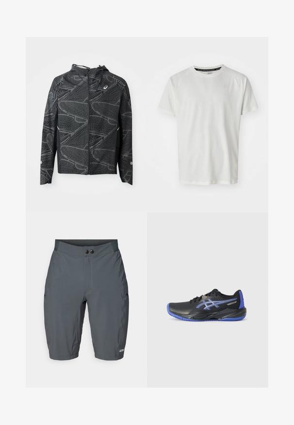 Fekete, könnyű dzseki cropped fazonnal, textúrált, fehér grafikai mintával és kapucnival. Elöl cipzáros, és oldalsó zsebekkel rendelkezik.; ASICS GAME - Basic póló - cream; Szürke kerékpáros nadrág sima textúrával, széles derékpánttal, két gombbal és oldzsebekkel. A szegélyen fehér "LE COL" logó.; Fekete sportcipő kék kiemelésekkel, lyukacsos felsőrésszel, textúrált talppal és logó részlettel. Kerek orr és párnázott sark.