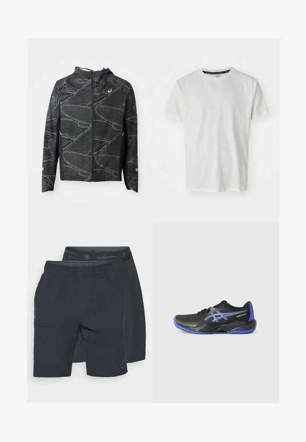 Svart lett jakke med en kort silhuett, med et teksturert hvitt grafisk mønster og hette. Inkluderer glidelås foran og sidelommer.; ASICS GAME - T-shirts - cream; To par med mørk marineblå shorts side om side. Den ene har elastisk midje med logoer, mens den andre har en lomme på siden.; Svart idrettssko med blå detaljer, med perforert overdeler, teksturert såle og logo. Rund tå og polstret hæl.
