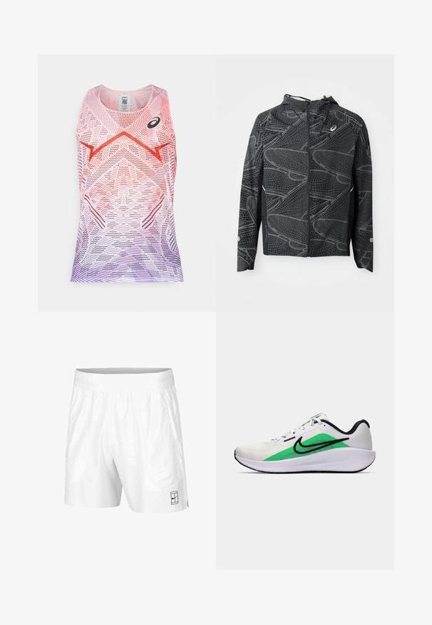 Musta kevyt takki, jossa on lyhyt siluetti, tekstuurilla varustettu valkoinen graafinen kuvio ja hupun. Takissa on vetoketju edessä ja sivutaskut.; Hihaton urheiluampuja vaaleanpunaisessa ja violetissa gradientissa, jossa on geometrisia kuvioita ja musta logo. Valmistettu hengittävästä, kevyestä kankaasta.; Valkoiset urheilushortsit, jotka on valmistettu kevyestä kankaasta, joustovyötäröllä. Siinä on kaksi sivutaskua ja pieni musta logo helman kohdalla.; Valkoinen urheilukenkä, jossa on vihreä yksityiskohta, musta logo, verkkomateriaali päälliosassa, pehmustettu pohja ja pyöreä korko. Sisältää nauhat ja kontrastiväriä.
