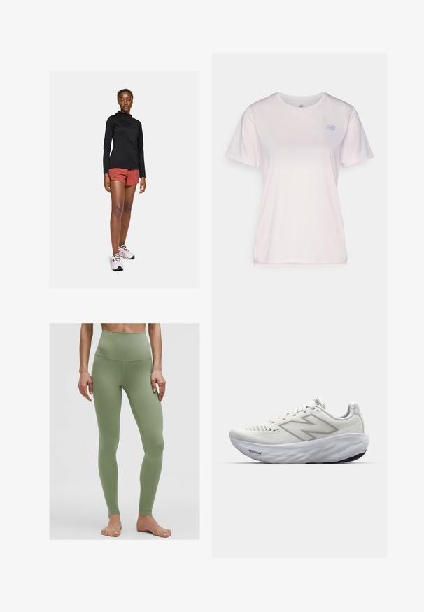 Musta pitkähihaiseksi aktiivisjakuksi, punaisiksi urheiluhousuiksi ja valkoisiksi lenkkareiksi, joissa on värikkäät nauhat. Näyttää istuvalta ja virtaviivaiselta.; Vaaleanpunainen lyhythihainen urheilupaita pehmeästä kankaasta, jossa on hienovarainen tekstuuri ja pieni sininen logo vasemmassa rinnassa.; Legging oliivinvihreä korkeavyötäröinen, tehty joustavasta kankaasta, jossa on sileä, tasainen vyötärönauha ja kapeammat lahkeet. Ei näkyviä logoja tai kuvioita.; Valkoiset urheilukengät, joissa on verkkonauhainen päällinen, pehmustettu kaula, teksturoitu pohja ja "Fresh Foam" -merkintä välipohjassa.