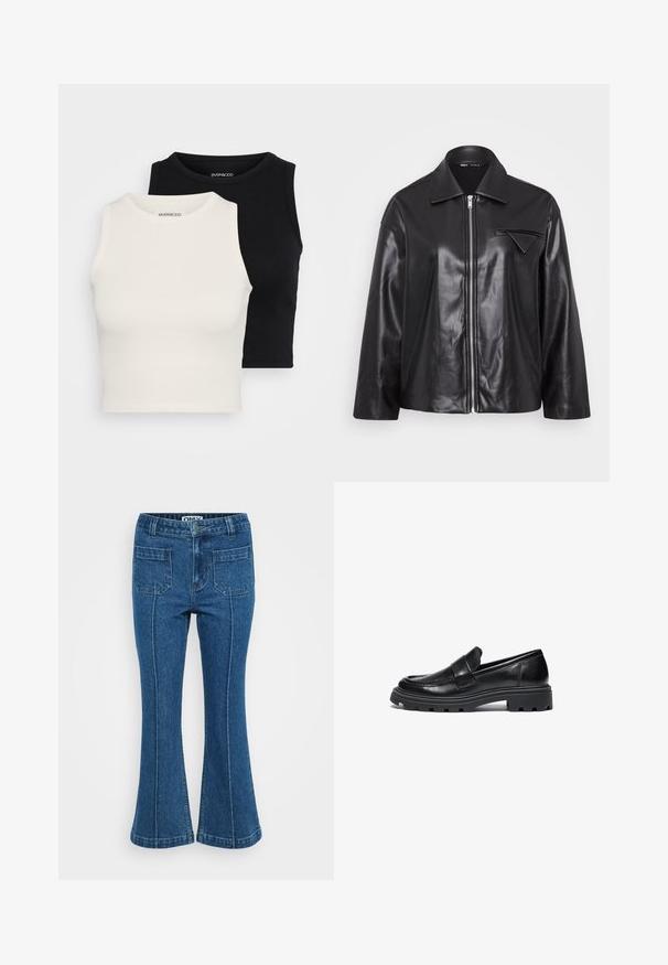 Chaqueta de cuero negra con cuello, cremallera frontal y un bolsillo en el pecho. Presenta una textura suave y un diseño ligeramente holgado.; Even&Odd Petite 2 PACK - Top - black/egret; Jeans de mezclilla azul de cintura alta con bolsillos de parche en la parte frontal, costuras a lo largo de las piernas y una ligera campana en los tobillos.; Mocasines de cuero negro con una puntera redonda, costuras decorativas y una suela de goma gruesa que presenta un patrón de tracción texturizado.