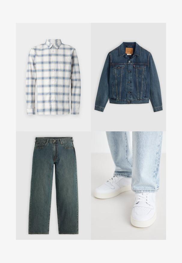 Jaqueta de ganga em azul escuro com um corte clássico, fecho com botões, dois bolsos no peito e costura distintiva ao longo das costuras.; GAP STANDARD - Camisa - grey blue; Jeans de denim de perna reta em azul escuro com fecho de botão e ziper, bolsos frontais e passadores de cinto em um fundo cinza claro.; Sneakers brancos de couro de cano baixo com biqueira perfurada, atacadores planos e design minimalista. Combinados com jeans de ganga de cor azul clara.