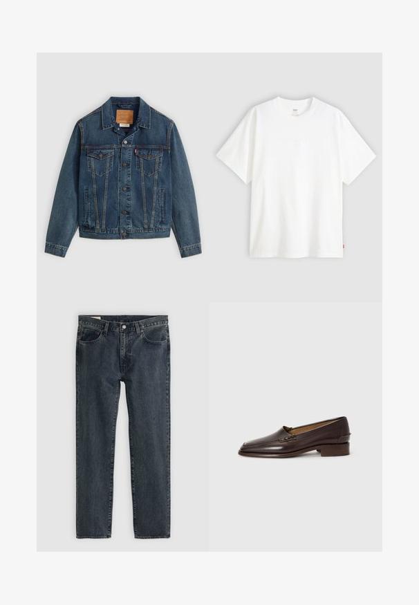 Denim jacket in dark blue with a classic cut, button closure, two chest pockets, and distinctive stitching along the seams.; White short-sleeve t-shirt made of cotton with a crew neck. Features subtle embossed logo detail on the front and a red label at the hem.; Dark blue denim jeans with a straight leg design, five pockets, and a button-fly closure. The fabric shows a subtle fade and texture.; Brown leather loafers with a slightly pointed toe, low stacked heel, and decorative stitching on the upper. Smooth texture, minimalist design.