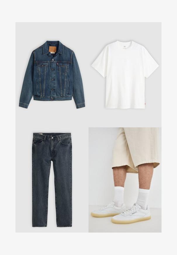 Džínsová bunda v tmavomodrej farbe s klasickým strihom, zapínanie na gombíky, dve náprsné vrecká a charakteristické prešívanie pozdĺž švov.; Biela tričko s krátkym rukávom vyrobené z bavlny s klasickým výstrihom. Má jemne embosované logo na prednej strane a červenú etiketu na leme.; Tmavomodré džínsy so rovnými nohavicami, piatimi vreckami a zapínaním na gombíky. Tkanina vykazuje jemné vyblednutie a textúru.; Biele kožené tenisky s gumovými podrážkami, ktoré majú perforované akcenty, šnúrky a logo na jazyku. Nosia sa s bielymi ponožkami po členky a béžovými šortkami.