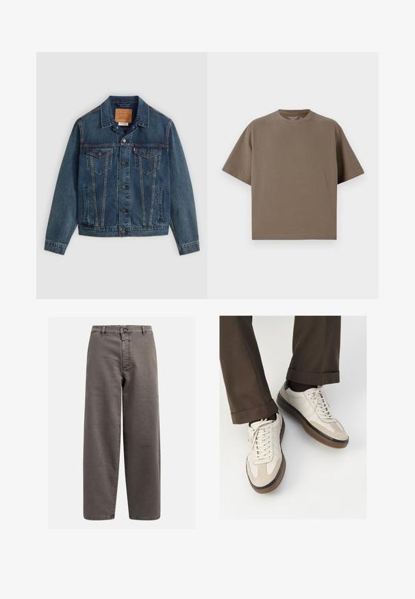 Džínsová bunda v tmavomodrej farbe s klasickým strihom, zapínanie na gombíky, dve náprsné vrecká a charakteristické prešívanie pozdĺž švov.; Hnedé tričko s krátkymi rukávmi vyrobené z jemného materiálu s okrúhlym výstrihom. Má voľný strih a jednoduché lemovanie.; Sivé široké nohavice vyrobené z bavlneného zmesi; majú gombíkový zapínanie, pútka na opasok a predné vrecká; hladká, odolná textura.; Béžové tenisky s textúrovanou zamšovou prednou časťou, hladkými koženými bočnými stranami a hnusou gumovou podrážkou. Obsahujú šnúrky a svetlé stehy ako detail.