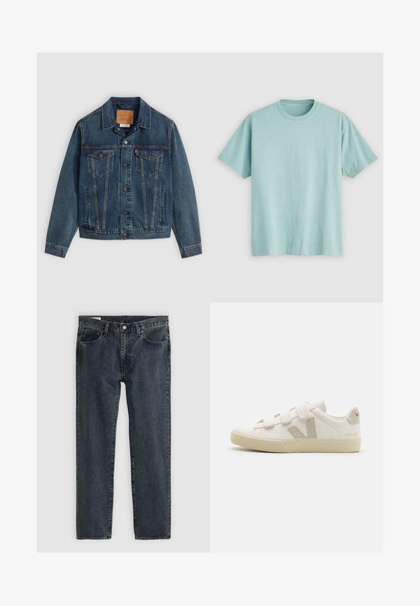Denimjakke i mørkeblå med klassisk snitt, knapplukking, to brystlommer og karakteristisk søm langs sømmene.; Lyseblå t-skjorte med rund hals laget av bomull, med korte ermer og en liten logo på venstre brystområde. Slett tekstur.; Mørkeblå denimjeans med rett ben-design, fem lommer og knappestang. Tøyet viser en subtil falming og tekstur.; Hvite lær sneakers med borrelås, beige detaljer, rund tå, teksturert gummisåle og preget logo. Minimalistisk design.