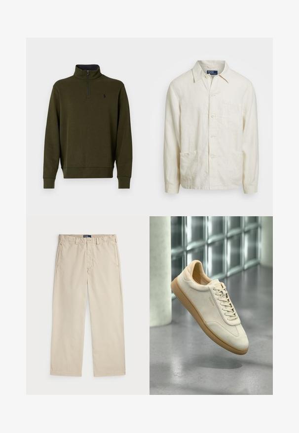 Svetle béžová lněná košile na knoflíky s špičatým límcem, přední kapsou a dvěma dolními kapsami; texturovaná tkanina s pohodlným střihem.; Olivově zelená mikina se stojáčkem a polovičním zipem, která má na levé hrudi malé vyšití loga a žebrované manžety.; Beige bavlněné chinos kalhoty se střihem rovného nohavice, vybavené knoflíkovým zapínáním a dvěma předními kapsami. Hladká textura a jednofarebný design.; Béžová semišová teniska s strukturovanou podrážkou z gumy. Má ploché tkaničky, zaoblenou špičku a nenápadné logo na boku. Mírně polstrovaný límec.
