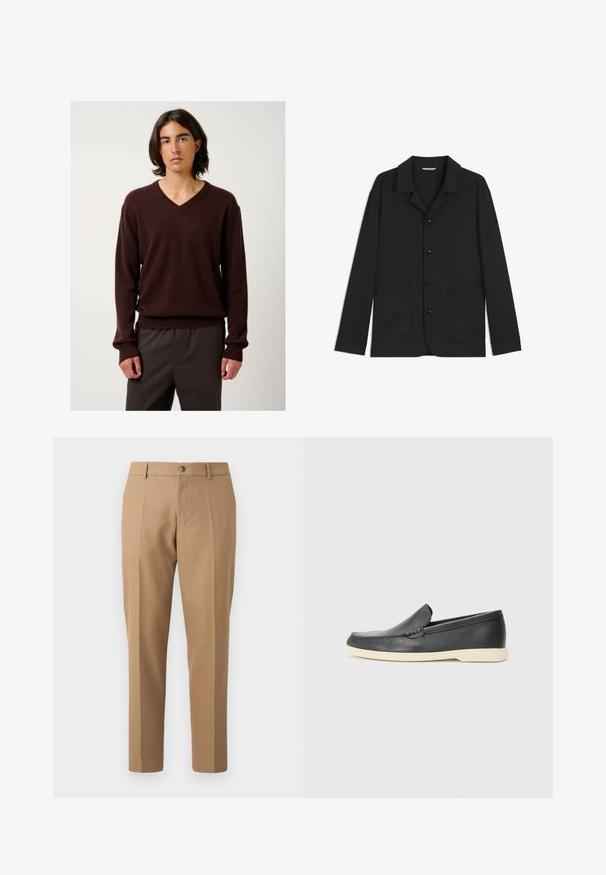 Veste noire en tissu lisse, dotée d'un col, de boutons sur le devant, de deux grandes poches plaquées et de manches longues. Design simple, coupe semi-ajustée.; Pull en V marron, fabriqué dans un matériau doux, avec des manches longues et des poignets côtelés. Assorti à un pantalon sombre, ample. Design simple et épuré.; Pantalons taillés beige avec une coupe droite, présentant un pli avant unique, une fermeture à bouton et des détails de couture subtils.; Mocassins noirs en cuir à enfiler avec une finition texturée et une semelle en caoutchouc beige contrastante. Présente un accent subtil sur le devant.