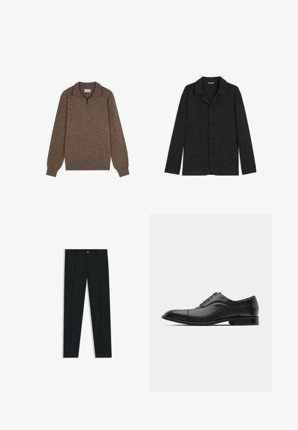 Veste noire en tissu lisse, dotée d'un col, de boutons sur le devant, de deux grandes poches plaquées et de manches longues. Design simple, coupe semi-ajustée.; Pull en brun avec col zippé quart, manches longues, bords côtelés et ourlet, fabriqué à partir d'un tissu doux et texturé.; Pantalons noirs avec une coupe droite, fabriqués en tissu lisse. Présente une fermeture éclair à l'avant et des passants de ceinture. Unis sans motifs.; Chaussure habillée en cuir noir avec une texture lisse, un bout arrondi et cinq œillets. Présente un petit talon empilé et des détails de couture subtils.