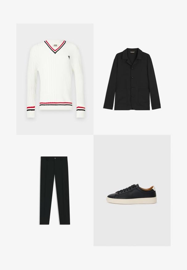 Black jacket made of smooth fabric, featuring a collar, front buttons, two large patch pockets, and long sleeves. Simple design, semi-fitted shape.; White cable-knit sweater with a V-neck, featuring black and red striped accents on the collar and cuffs, and a small embroidered graphic.; Black dress pants with a straight-leg design, made of smooth fabric. Features a front button closure and belt loops. Plain without patterns.; Black leather sneakers with a smooth texture, beige rubber sole, lace-up design, and a contrasting heel accent.
