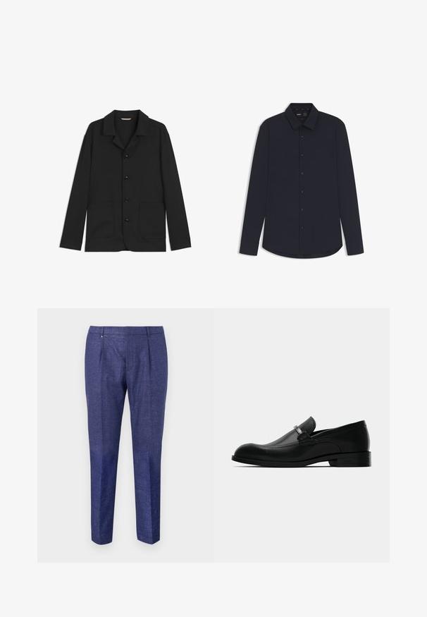 Black jacket made of smooth fabric, featuring a collar, front buttons, two large patch pockets, and long sleeves. Simple design, semi-fitted shape.; Navy long-sleeve button-up shirt made from smooth fabric with a structured collar, featuring dark buttons and a curved hem.; Navy blue trousers made of textured fabric, featuring a straight-leg design, two front pleats, and a discreet metal accent on the waistband.; Black leather men's loafer with a metal buckle detail, low heel, and branded sole, shown from the side on a white background.