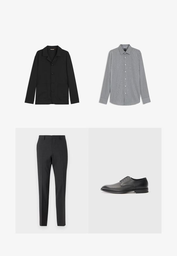 Zwarte jas van gladde stof, met een kraag, knopen aan de voorkant, twee grote opgestikte zakken en lange mouwen. Eenvoudig ontwerp, semi-fitted vorm.; Gestreepte overhemd met lange mouwen in navy en wit, met een knoopsluiting kraag, knopen aan de voorkant en manchet mouwen met contrasterende afwerking.; Donkergrijze op maat gemaakte broeken met een gladde textuur, slim fit, platte voorkant en riemlussen, ontworpen voor formele of zakelijke kleding.; Zwarte leren herenschoen met veters, lage hak en een gladde, licht gestructureerde afwerking op een effen witte achtergrond.
