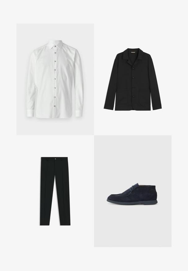 Giacca nera realizzata in tessuto liscio, con colletto, bottoni frontali, due grandi tasche applicate e maniche lunghe. Design semplice, forma semi-adatta.; Camicia bianca a maniche lunghe in tessuto liscio con colletto a punta. Presenta una chiusura con bottoni completa con bottoni metallici e polsini con bottone.; Pantaloni neri in tessuto lisci, con design a gamba dritta. Presentano una chiusura frontale con bottone e passanti per cintura. Senza fantasie.; Stivaletto chukka in suede blu navy con punta arrotondata e dettagli cuciti. Presenta una suola in gomma liscia e un design minimalista senza marchi visibili.