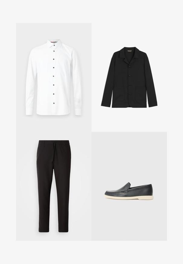 Zwarte jas van gladde stof, met een kraag, knopen aan de voorkant, twee grote opgestikte zakken en lange mouwen. Eenvoudig ontwerp, semi-fitted vorm.; Witte overhemd met lange mouwen en een button-down kraag, voorzien van zwarte knopen en een gladde textuur. Geen patronen of grafische elementen zichtbaar.; Zwarte joggingsbroek van gladde stof. Kenmerkt zich door een elastische tailleband met een trekkoord, taps toelopende benen en geen zichtbare zakken. Eenvoudig ontwerp.; Zwarte leren instappers met een gestructureerde afwerking en een contrasterende beige rubberen zool. Beschikt over een subtiele accent langs de voorkant.