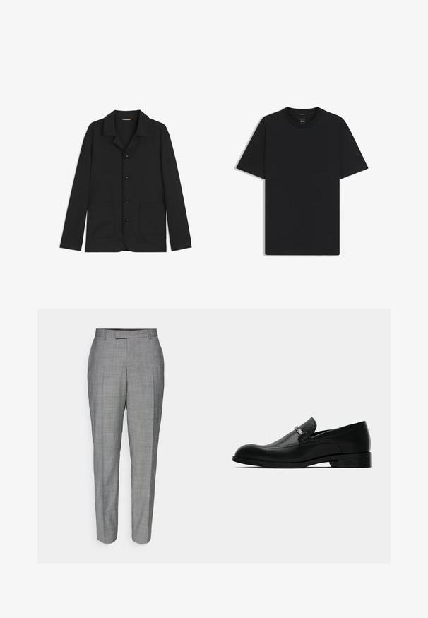 Schwarze Jacke aus glattem Material, mit Kragen, vorderen Knöpfen, zwei großen aufgesetzten Taschen und langen Ärmeln. Einfaches Design, halb-taillierte Form.; Schwarz T-Shirt mit kurzen Ärmeln aus einem glatten Baumwollmix, mit Rundhalsausschnitt und einem minimalistischen Design ohne Muster oder Akzente.; Graue maßgeschneiderte Hose mit einem dezenten Karomuster, geradem Schnitt und glatter Textur, mit flachem Bund und Gürtelschlaufen.; Schwarze lederne Herrenmokassin mit einer Metallschnalle, flachem Absatz und markiertem Sohlen, seitlich auf einem weißen Hintergrund gezeigt.