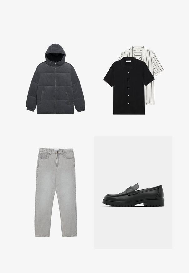 Šedá kordurová péřovka s kapucí, zipem vpředu a dvěma bočními kapsami. Má prošívaný design a elastické manžety.; Dvě košile s krátkým rukávem: jedna jednobarevná černá, druhá bílá s černými vertikálními pruhy. Obě mají zapínání na knoflíky a klasický límeček.; Světlé šedé džíny s rovnými nohavicemi, pět kapsami a knoflíkovým zapínáním. Viditelné švy podél švů.; Černé kožené mokasíny s kulatou špičkou, zdobené prošitím, s nízkou platformou a texturovanou gumovou podrážkou s drážkováním.