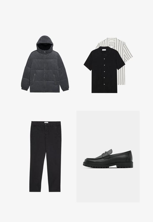 Chaqueta de plumas de pana gris con capucha, cierre de cremallera en la parte delantera y dos bolsillos laterales. Presenta un diseño acolchado y puños elásticos.; Dos camisetas de manga corta: una de color negro sólido y otra blanca con rayas verticales negras. Ambas tienen cierre de botones y un cuello clásico.; Pantalones de algodón negro con corte slim, que presentan dos bolsillos laterales y un cierre frontal con botón. Tejido texturizado con detalles sutiles.; Mocasines de cuero negro con punta redonda, que cuentan con un diseño cosido, suela de plataforma baja y una suela de goma texturada y con tacos.