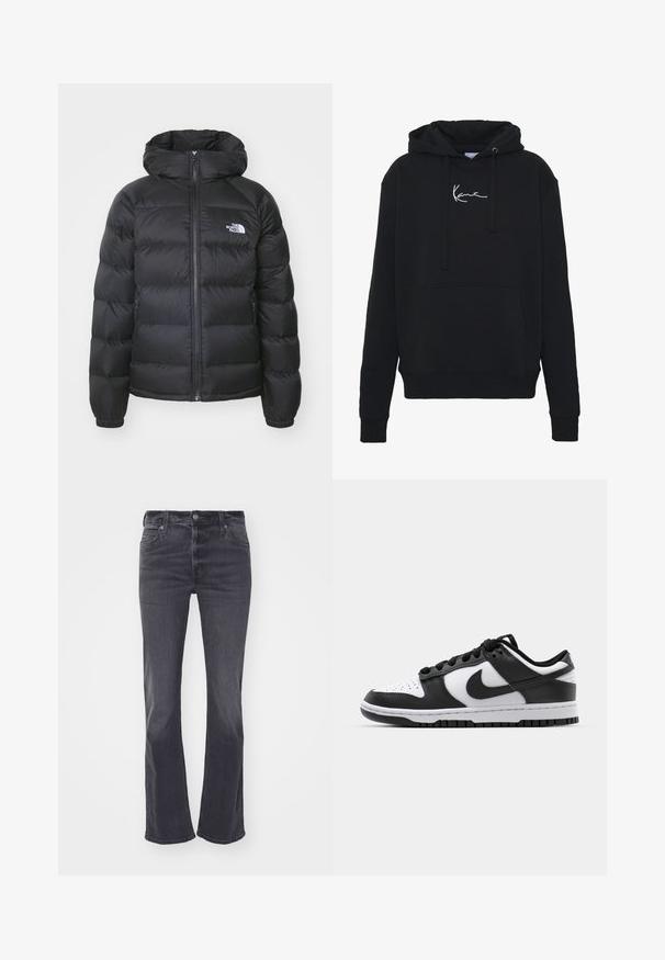 Must värv ülemineku jope kapuutsiga, millel on eeslukustamine, elastsed mansetid ja logo vasakul rinnal. Tikkimistööde struktuur parandab soojusisolatsiooni.; Musta huppari pehmest kangast, millel on eesmine tasku, nöörid ja valge logo tikand rinnal. Klassikaline lõige ja soonikkoes varrukad.; Tumedad hallid džiinid, mis on valmistatud denimist, klassikalise viie taskuga disainiga, vööloopidega ja varjatud vetsuga lukuga, millel on nööbiga sulgemine.; Mustavalged Nike Dunk tossud, millel on nahk ülemine osa, perforeeritud varvaseosa, mustad paelarid ja must kummist tall, millel on mustriga disain.