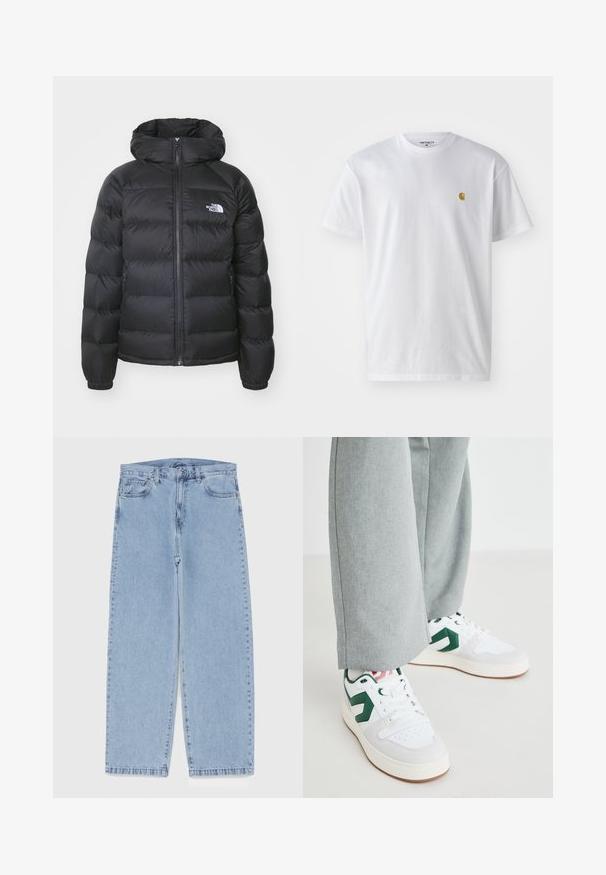 Musta puhvitakki hupulla, jossa on vetoketjukiinnitys, elastiset hihansuut ja logo vasemmassa rintakehässä. Kuitutäyte parantaa eristystä.; Valkoinen puuvillapaita lyhyillä hihoilla, pyöreä kaula-aukko, jossa on pieni kultainen logo vasemmassa rintapielessä. Pehmeä kangas ja normaali istuvuus.; Vaaleansiniset farkut suoran lahkeen muotoilulla, joissa on puolivälin vyötärö, viisi taskua sekä nappi- ja vetoketjusuljenta.; Valkoiset ja vihreät lenkkarit, joissa on sileä nahka- ja mokkanahkapinta, korostettuna näkyvällä vihreällä logolla ja valkoisilla nauhoilla. Harmaat housut näkyvät osittain.