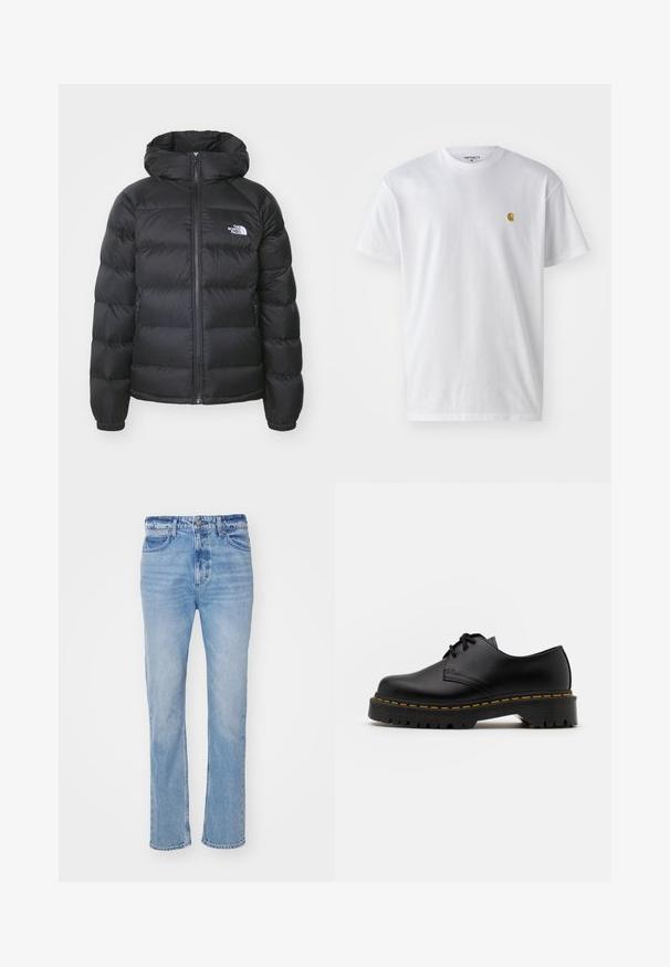 Must värv ülemineku jope kapuutsiga, millel on eeslukustamine, elastsed mansetid ja logo vasakul rinnal. Tikkimistööde struktuur parandab soojusisolatsiooni.; Valge puuvillane t-särk lühikeste varrukatega, ümmargune kaelus, millel on väike kuldne logo vasakul rinnal. Pehme tekstuur ja regulaarne lõike.; Heledad sinise denim teksad, sirge sääre kujundusega, viie-tasku stiil, nupuga sulgemine ja kergelt tuhmumisega kogu kangas.; Must musta lesti kingad ümarate varvastega, tekstureeritud kummitald ja kollane õmblus aluse ääres. Lame disain ja sile viimistlus.