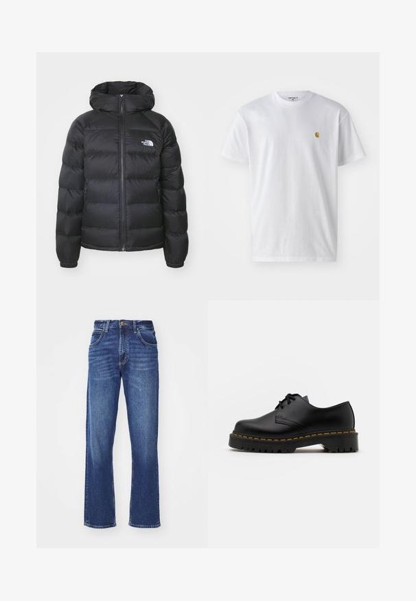 Juodas pūkinis džemperis su gobtuvu, su užtrauktuku priekyje, elastinėmis rankogaliais ir logotipu kairėje krūtinės pusėje. Siuvinėta tekstūra pagerina izoliaciją.; Balta medvilnės marškinėliai su trumpomis rankovėmis, apvalia iškirpte, kuriuose kairėje krūtinės pusėje yra mažas auksinis logotipas. Minkšta tekstūra ir reguliari forma.; Vidutinės mėlynos džinsinės kelnės, tiesaus kirpimo, su išblukusiu tekstūru, turinčios dirželių kilpas, priekines kišenes ir mygtuko užsegimą.; Juoda odinė lakuota avalynė su apvaliu pirštu, tekstūruota gumine padu ir geltona siūlelių apdaila aplink bazę. Lygus dizainas ir glotnus paviršius.