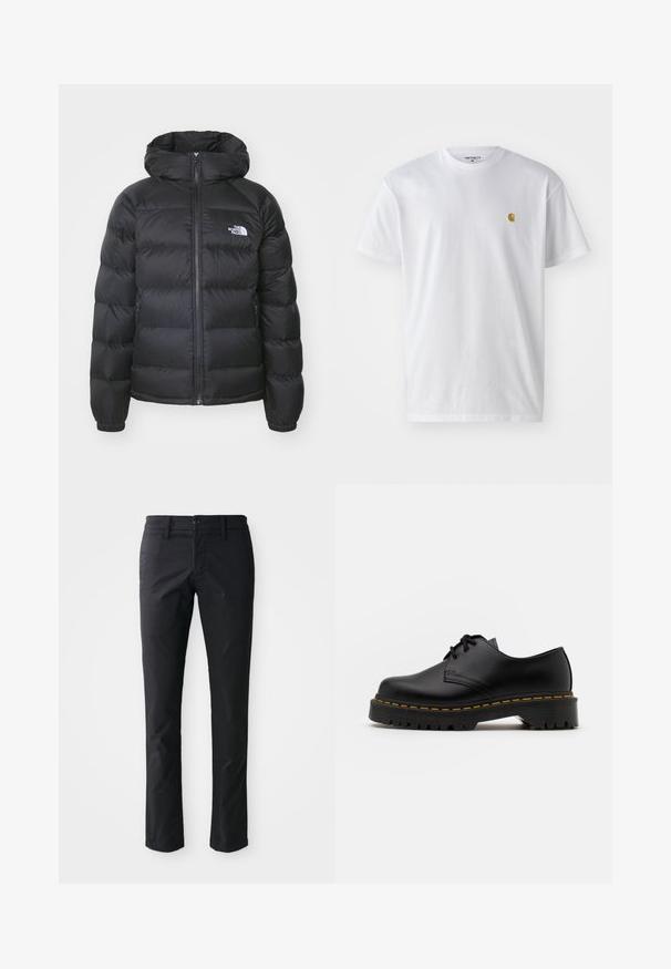 Giacca a vento nera con cappuccio, dotata di zip frontale, polsini elasticizzati e logo sul lato sinistro del petto. La texture trapuntata aumenta l'isolamento.; T-shirt bianco in cotone con maniche corte, con colletto girocollo, caratterizzato da un piccolo logo dorato sulla parte sinistra del petto. Tessuto morbido e vestibilità regolare.; Pantaloni neri a gamba dritta realizzati in tessuto liscio, con chiusura a un bottone e passanti per la cintura. Design minimalista senza motivi visibili.; Scarpa nera in pelle con lacci, punta arrotondata, suola in gomma texturizzata e cuciture gialle attorno alla base. Design piatto e finitura liscia.