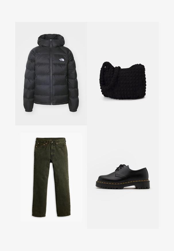 Casaco acolchoado preto com capuz, apresentando um fecho éclair à frente, punhos elásticos e um logo no lado esquerdo do peito. A textura acolchoada melhora a isolação.; Pacote de cinco t-shirts preto de gola redonda. Mangas curtas, material em algodão, corte standard. Textura suave, sem padrões ou embelezamentos visíveis.; Levi's® 565 LOOSE STRAIGHT - Calças de ganga folgadas - flying solo od; Sapato de pele preta com atacadores, bico arredondado, sola de borracha texturizada e costura amarela à volta da base. Design plano e acabamento liso.; Saco de tecido preto com um padrão texturizado e acolchoado. Forma arredondada, alças curtas e grossas, e uma estrutura macia e flexível.