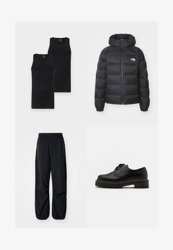 Chaqueta acolchada negra con capucha, que cuenta con un cierre de cremallera en la parte delantera, puños elásticos y un logo en el pecho izquierdo. La textura acolchada mejora el aislamiento.; Dos camisetas sin mangas negras; diseño ajustado, cuello redondo, textura suave, hechas de tela elástica; ambas con el logotipo de la marca discreto en el frente.; Pantalones cargo ligeros negros con cinturilla elástica, cremalleras laterales y bolsillos amplios. Presentan un corte holgado y puños ajustados.; Zapato negro de cuero con cordones, punta redondeada, suela de goma texturizada y costuras amarillas alrededor de la base. Diseño plano y acabado suave.