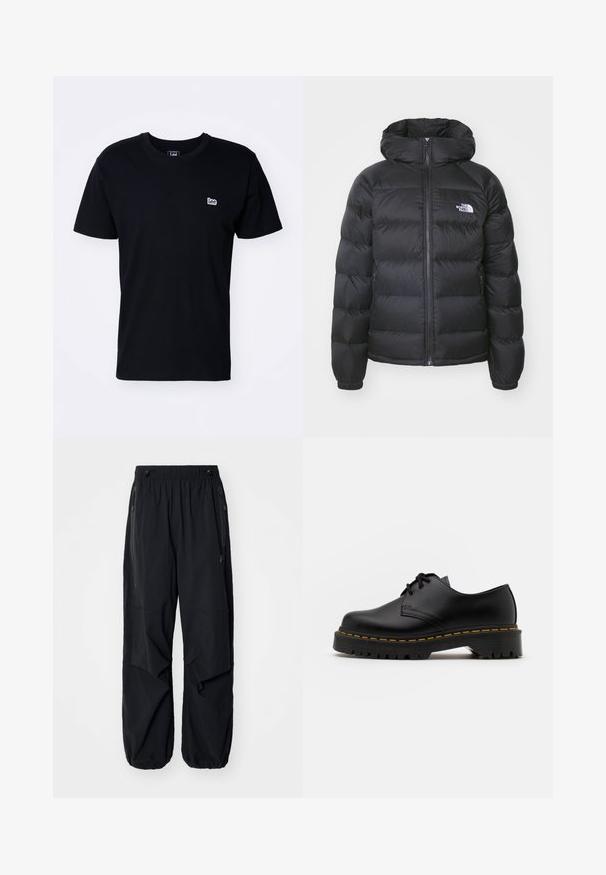 Czarna kurtka puchowa z kapturem, z zamkiem z przodu, elastycznymi mankietami i logo na lewej piersi. Pikowana tekstura poprawia izolację.; Czarna bawełniana koszulka z okrągłym dekoltem i krótkimi rękawami. Posiada małe białe haftowane logo "Lee" na lewej piersi.; Czarne, lekkie spodnie cargo z elastycznym pasem, bocznymi zamkami błyskawicznymi i pojemnymi kieszeniami. Charakteryzują się luźnym krojem i zwężanymi mankietami.; Czarne skórzane buty na sznurówki z zaokrąglonym noskiem, teksturowaną gumową podeszwą i żółtym przeszyciem wokół podstawy. Płaski design i gładkie wykończenie.