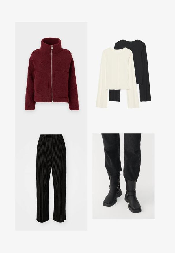 Bordeaux fleece jas met hoge kraag, voorrits, lange mouwen en twee grote voorkruiden, weergegeven op een effen achtergrond.; Set van twee longsleeve tops in wit en zwart. Geribbelde textuur, ronde hals, aansluitend ontwerp met licht uitlopende mouwen.; Zwarte, wijde broek met witte verticale streepjes, voorzien van een elastische tailleband voor comfort en een zachte, gladde textuur.; Zwarte leren enkelboots met een vierkante neus, voorzien van een brede band en metalen gespdetails. De boots hebben een chunky zool en een gladde textuur.