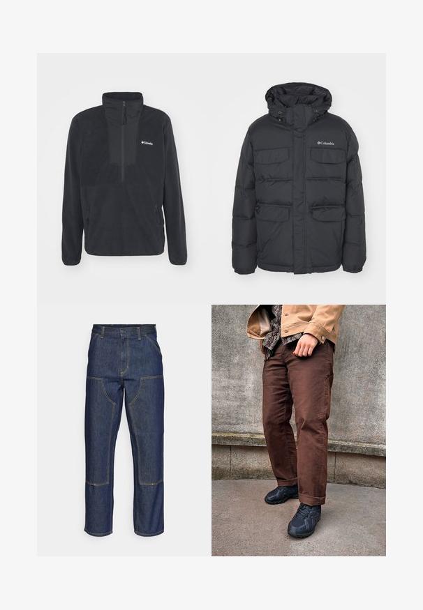 Fyldig sorte jakke med hætte, to brystlommer og lynlåslommer på siderne. Har frontlynlås og elastiske manchetter.; Sort fleece pullover med halvlukket krave, to sidelommer med lynlås og et logo på brystet. Har en glat tekstur og tætsiddende ærmer.; Mørkeblå denim jeans med høj talje, lige ben-design, kontrastsyninger og lappelommer foran.; Brune bomuldsbukser med lige ben, parret med sorte sportssko. Looket inkluderer en mønstret skjorte med struktur under en tan jakke.