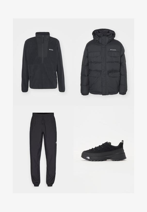 Flauschige schwarze Jacke mit Kapuze, zwei Brusttaschen und seitlichen Taschen mit Reißverschluss. Verfügt über einen Reißverschlussverschluss vorne und elastische Bündchen.; Schwarzer Fleece-Pullover mit einem halben Reißverschlusskragen, zwei seitlichen Reißverschlusstaschen und einem Logo auf der Brust. Verfügt über eine glatte Textur und körpernahe Ärmel.; Schwarze Sporthosen aus leichtem Stoff, mit einem Kordelzugbund, seitlichen Taschen und schmal zulaufenden Bündchen an den Knöcheln.; Schwarzer Outdoorsneaker mit einem Obermaterial aus Wildleder, strukturierter Gummisohle und robustem Schnürsystem. Verfügt über eine verstärkte Ferse und das Markenlogo an der Seite.