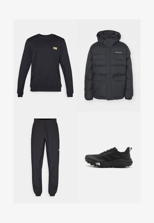 Jacheta neagră pufoasă cu glugă, două buzunare pe piept și buzunare laterale cu fermoar. Prezintă închidere frontală cu fermoar și manșete elastice.; Hanorac negru cu gât rotund, cu mâneci lungi, fabricat dintr-un material moale. Are un mic logo colorat pe partea superioară stânga a pieptului.; Pantaloni atletici negri, confecționați dintr-un material ușor, cu un tiv elastic la talie, buzunare laterale și tivuri ajustate la gleznă.; Pantofii de alergare pe teren accidentat, de culoare neagră, cu un superior texturat, talpă din cauciuc și vârf întărit. Prezintă un guler căptușit și o bandă de prindere pentru îmbrăcare ușoară.
