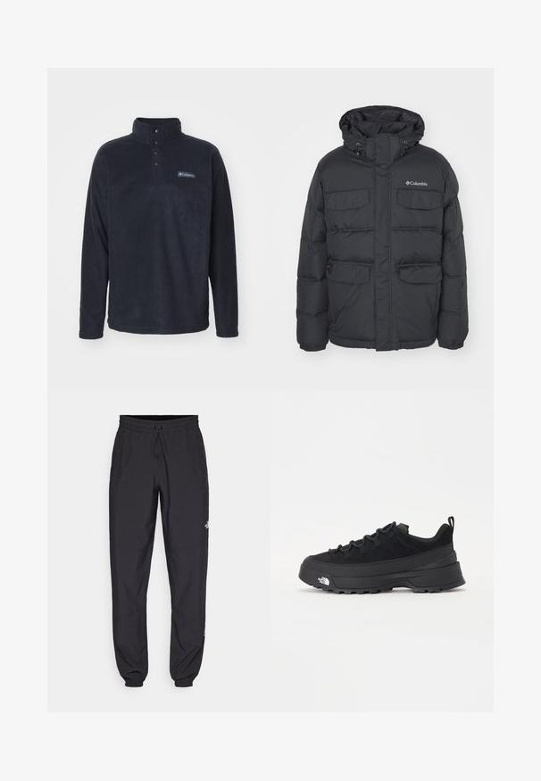 Puffy black jacket with a hood, two chest pockets, and zippered side pockets. Features front zip closure and elastic cuffs.; Columbia STEENS MOUNTAIN™ HALF SNAP - Fleece jumper - black; Black athletic pants made from lightweight fabric, featuring a drawstring waistband, side pockets, and tapered cuffs at the ankles.; Black outdoor sneaker with a suede upper, textured rubber sole, and sturdy lacing system. Features a reinforced heel and brand logo on the side.