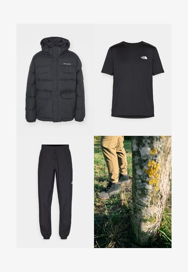 Jacheta neagră pufoasă cu glugă, două buzunare pe piept și buzunare laterale cu fermoar. Prezintă închidere frontală cu fermoar și manșete elastice.; Tricou negru cu mânecă scurtă, realizat dintr-un material ușor. Prezintă un mic logo alb pe pieptul stâng și accente subtile pe umeri.; Pantaloni atletici negri, confecționați dintr-un material ușor, cu un tiv elastic la talie, buzunare laterale și tivuri ajustate la gleznă.; Ghete negre până la gleznă din suede texturat cu talpă din cauciuc, asortate cu pantaloni khaki, stând lângă un trunchi de copac acoperit cu lichen.