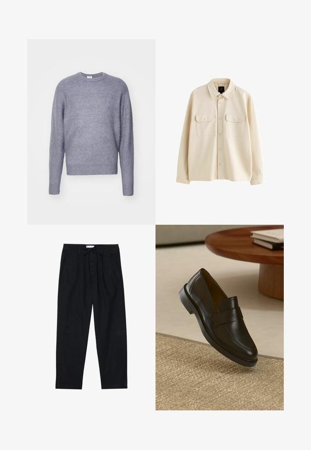 Bees värvi nööpidega särk, mis on valmistatud pehmest kangast, kollane krae, kaks rinnataskut klappidega ja pikad varrukad.; Heled hall villane kootud sviiter ümmarguse kaelusega ja pikkade varrukatega. Pehme tekstuur ja veidi lühendatud lõige. Ilma nähtavate mustrite ja metallosadeta.; Pier One Chino-püksid - black; Must musta nahk loafer sileda viimistlusega, ümarate varvastega ja dekoratiivse riba üleval. Madal kummist konts, paigutatud tekstuursele pinnale.