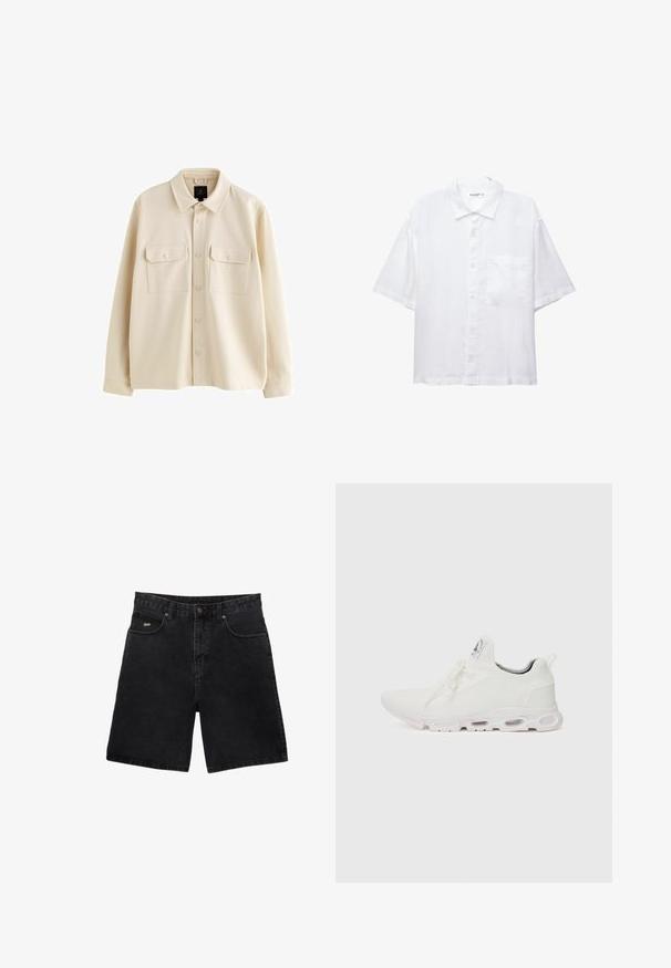 Chemise beige à boutons, fabriquée en tissu doux, avec un col, deux poches poitrine à rabat et des manches longues.; Chemise blanche à manches courtes avec un devant à boutons, un col et une seule poche poitrine. Fabriquée en tissu léger avec une texture douce.; Shorts en denim noir à coupe droite, cinq poches, fermeture à bouton en métal et logo de la marque discret sur la poche avant.; Baskets blanches de sport avec un dessus en maille texturée, des lacets plats et une semelle rembourrée avec des chambres à air visibles pour un soutien supplémentaire.