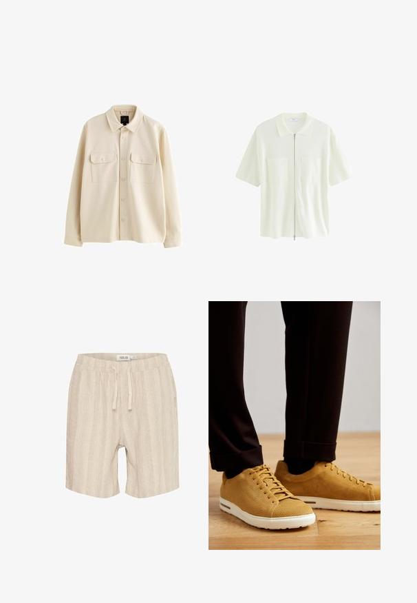 Világosbarna gombos ing, puha anyagból készült, gallérral, két mellzsebbel, fedéllel, és hosszú ujjakkal.; Rövid ujjú, fehér cipzáras ing, amely texturált anyagból készült, galléros nyakkal és két első zsebével, négyzet alakú fedéllel.; Beige pamut rövidnadrág függőleges csíkokkal, rugalmas derékpánttal, zsinórral és oldalsó zsebekkel. Puha textúrájú és laza dizájn.; Sárga bordázott sportcipő fehér talppal, kerek orral, fűzős kialakítással és texturált felülettel, fekete cipzáras nadrággal viselve fából készült padlón.