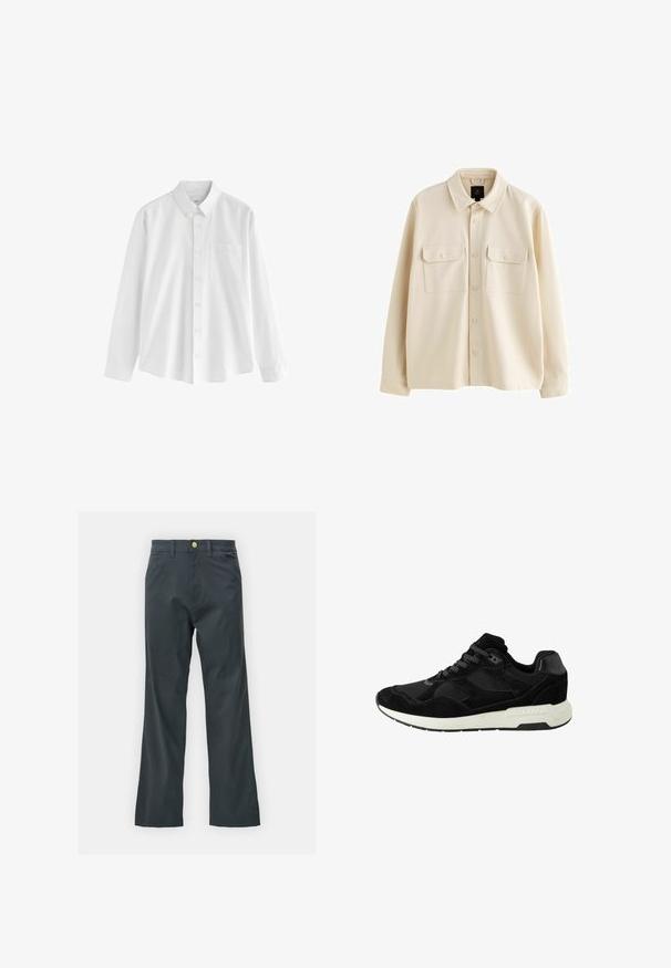 Beige button-down skjorte lavet af blødt stof, med krave, to brystlommer med klapper og lange ærmer.; Hvid langærmet skjorte lavet af bomuld med krave med knapper, en enkelt brystlomme og en afslappet pasform. Har små knapper ned foran.; Sorte bukser med lige ben, lavet af en bomuldsblandingsstof. Har en metalknaplukning og sidelommer. Ingen synlige mønstre.; Sort sportsko lavet af ruskind og netmateriale, med en rund tå, snørelukning og en hvid gummisål med strukturerede detaljer.