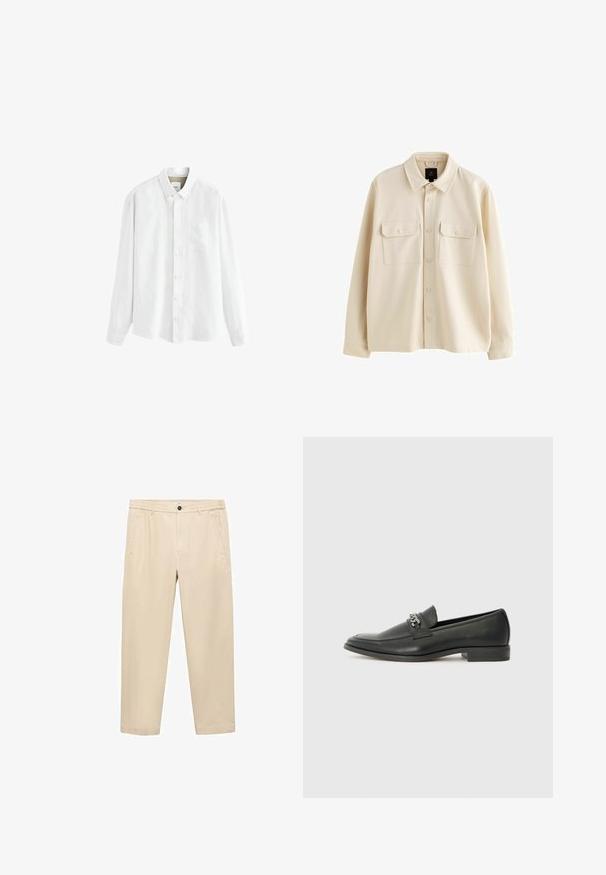 Bež srajca s tlačenjem, izdelana iz mehkega materiala, z ovratnikom, dvema žepoma na prsih s pokrovčki in dolgimi rokavi.; Bela dolga majica z dolgimi rokavi, izdelana iz lahkega materiala, z ovratnikom na gumb, sprednjo žepom in klasičnim zapenjanjem na gumbe.; Bež hlače za prosti čas, narejene iz mehke tkanine; imajo elastičen pas, sprednje žepe in ravno krojeno hlačnico.; Črni usnjeni loafer z gladko površino, ki ima šivano zasnovo in dekorativni kovinski verižni naglas preko vampirja. Ravno peto.