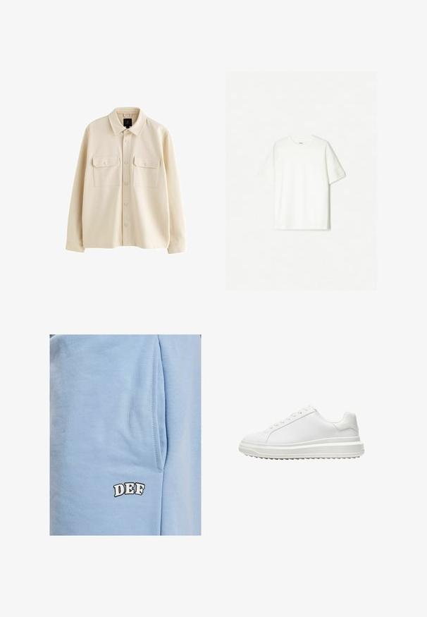 Bež srajca s tlačenjem, izdelana iz mehkega materiala, z ovratnikom, dvema žepoma na prsih s pokrovčki in dolgimi rokavi.; Bela kratka majica s kratkimi rokavi iz mehkega bombaža. Oblečen kroj s sproščenim prileganjem in brez vidnih logotipov ali vzorcev.; DEF Kratke hlače - blue; Beli copati z gladkim sintetičnim zgornjim delom, okroglo konico, ravnim vezalkami, teksturiranim podplatom in slojevito platformo za dodatno višino.