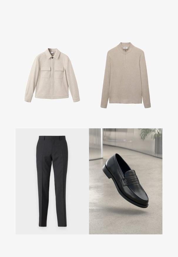 Bežna jakna iz mehkega materiala, z ovratnikom v obliki točke, sprednjim zadrgo in dvema žepoma na prsih s pokrovom.; Bež pleteni pulover z visokim ovratnikom in delnim zadrgo. Dolgi rokavi in zasnova prilega hem dodajajo teksturiran videz.; Temno sivi prilegajoči hlače s ravnim krojem, ki vključujejo stranske žepke in subtilno teksturo. Zapiranja vključujejo zadrgo in zanke za pas.; Črni usnjeni loafer z gladko teksturo, zašiljenim prstom in okrasnim trakom čez nart. Lahka podplat, minimalističen dizajn.