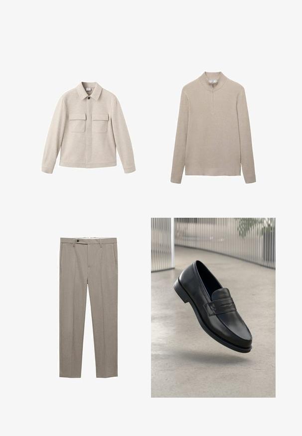 Beige Jacke aus weichem Stoff, mit einem Point-Collar, vorderem Reißverschluss und zwei Brusttaschen mit Klappen.; Beige gerippter Pullover mit hohem Kragen und halbem Reißverschluss. Lange Ärmel und ein figurbetonter Saum ergänzen das strukturierte Aussehen.; Beige maßgeschneiderte Hose mit glatter Textur, geradem Schnitt und einem einzigen Knopfverschluss vorne. Verfügt über seitliche Taschen und einen sauberen Saum.; Schwarzer Lederloafer mit glatter Textur, spitzer Zehe und einem dekorativen Riemen über dem Rist. Leichte Sohle, minimalistisches Design.