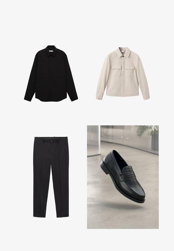 Beige jacket made of soft fabric, featuring a point collar, front zip closure, and two chest pockets with flaps.; Black long-sleeve shirt in a crinkled texture, featuring a pointed collar, front button closure, and a chest pocket.; White cotton t-shirt with short sleeves, rounded neckline, relaxed fit, and no visible logos or patterns. Smooth texture and minimal design.; Black tailored trousers made of smooth fabric, featuring a flat front, belt loops, and side pockets. Straight-cut leg design.; Black leather loafer with smooth texture, pointed toe, and a decorative strap across the instep. Lightweight sole, minimal design.